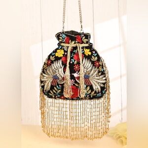 RAMLA Mumbai Embroidered Floral Black Pouch Bag
